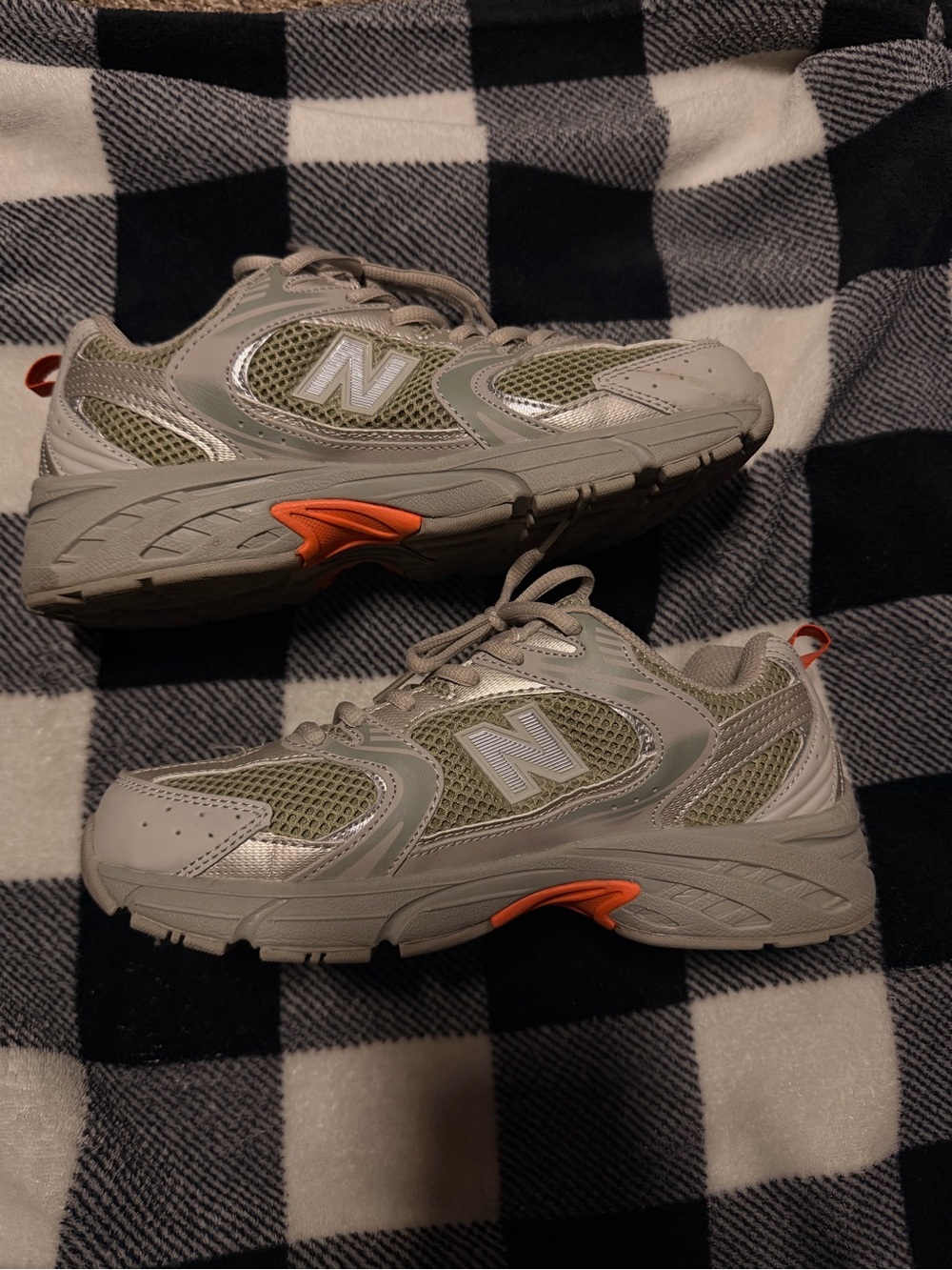New Balance Kids' Gray and Olive Sneakers with Orange Accent WOMENS 8
